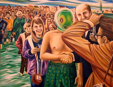 The day I swam the English Channel., painting by Geoffrey Cervantes. This is possibly my greatest artistic acheivement...I've always wanted to be a Fish.... oil on canvas