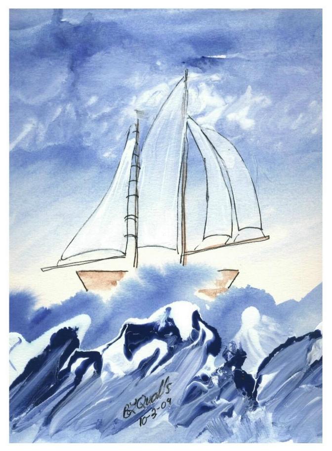 Blue Sea and Sail, painting by B L Qualls. This original painting is for sale - $289.  If you would like a print on paper or canvas framed or unframed, or a greeting card made from it go to:
http://fineartamerica.com/featured/blue-sea-and-sail-b-l-qualls.html. paint brushs and pen. watercolor and acrylic and pen