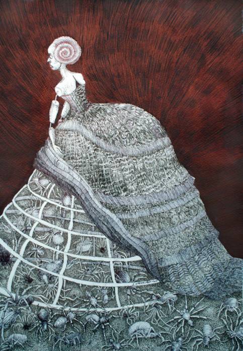 I`m Afraid Of Spiders, drawing by Marzena Ablewska- Lech. pen. ink. In People, Character, Doll, figure