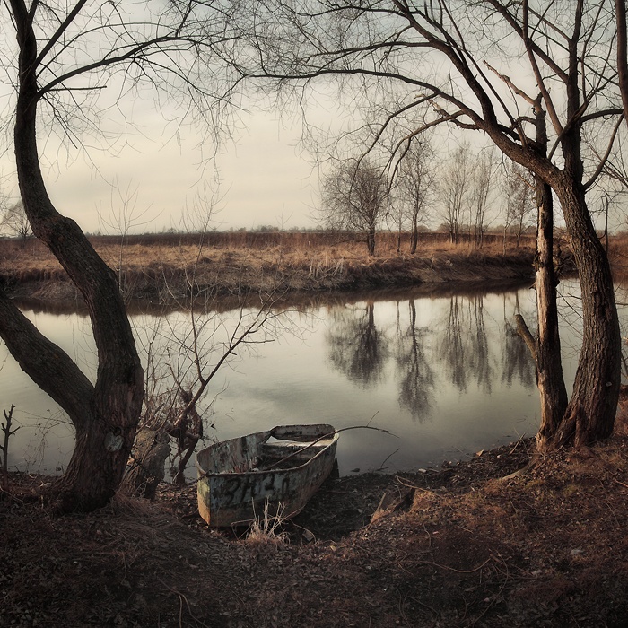 About a silent autumn and old boat, Artwork by Nikolay Sobolev. In Nature, Scenery, Waterscape