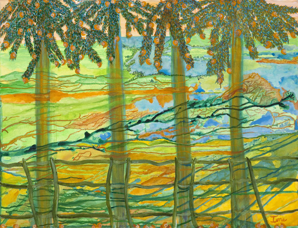 Forbidden Fruit, painting by Ione Citrin. There they were, the "Forbidden Fruit" trees, just as described in his grandfather's will. John had been travelling for weeks, scouring the territory of his grandfather's ranch looking for these trees without luck. And then, suddenly, they seemed to appear out of nowhere. He had often told him about the treasures these fruit trees held. At first as a little boy, he was entranced with the tale, then as he got older he believed him more and more. When the grandfather died, he left his entire estate to various charities and nothing for the family. But John remembered the "Forbidden Fruit" trees and decided one summer to visit the area and search them out. 

"There they are all right", he muttered to himself. He picked one up from the ground and cut it open. It was a strange looking fruit, like a cross between a grapefruit and an orange, and maybe another something, he thought. Then he bit into it, and suddenly the world changed into bazaar colors and sounds and rhythms. He fell onto the grass, delirious with strange and wonderful dreams. He was finally awakened with a gruff nudge. He opened his eyes to see a strange man standing above him. "You all right?" he said. "Yes, yes, I'm O.K." and he struggled to his feet, groggy and stiff but otherwise in good shape. "I guess I ate something that didn't agree with me", he said, brushing his clothes off. "Thank you, for helping me". John took one last look at the trees before grabbing his backpack and walking away. His grandfather had played one last joke on him. "I guess I deserved it", he thought resolving not to tell anyone in the family what had happened to him.
. In Construction, Cityscape, skyline