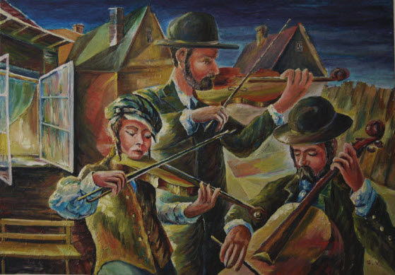 Backward Musicians, painting by Gindinblat Vera. Provincial Jewish place. 
Musicians play a favourite melody. Evening.
In hands of musicians - favourite musical instruments.

. oil painting. oil on canvas. In People, Portrait