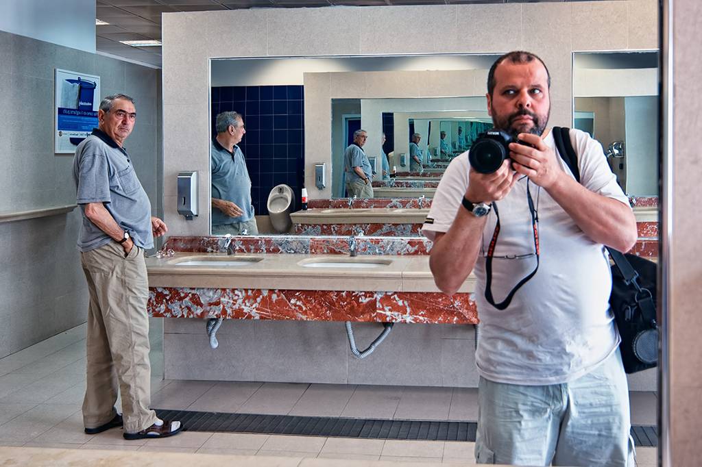 A "Blade Runner" shot taken in the Toilette space of a motorway station, middle Italy.... Pentax K20 + Pentax zoom 12/24. Numerique. In People, Self-portrait, Male. Duel, photography by Alessandro Rovelli. Image #253711