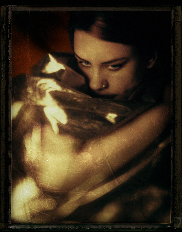 The Comfort Of Gold, photography by James Wigger. Graflex Speed Graphic, Aero Ektar 178 mm 2.5 lens. Negative from Fuji FP-100C45 instant film. In People, Portrait, Female