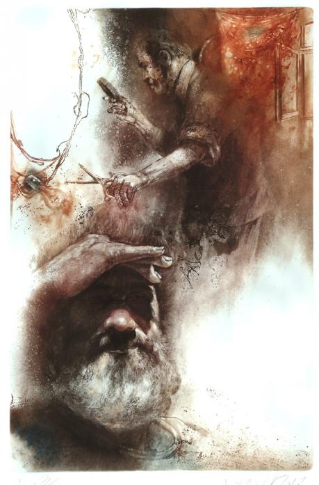 Mr. Scissorshand, drawing by Mehrdad Khataei. Limited Edition, Original, Signed and Numbered Intaglio Print.. Intaglio Printmaking (Etching, Engraving, Mezzotint, Aquatint, DryPoint) on Hand-Made Arch-Cardboard.. In People, Everyday, Social