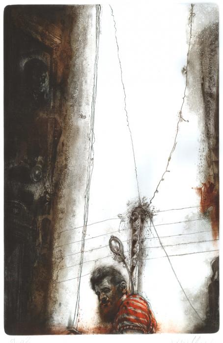 Red Trellis, drawing by Mehrdad Khataei. Limited Edition, Original, Signed and Numbered Intaglio Print.. Intaglio Printmaking (Etching, Engraving, Mezzotint, Aquatint, DryPoint) on Hand-Made Arch-Cardboard.. In People, Everyday, Social