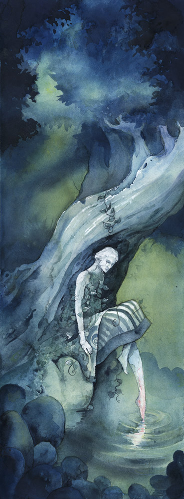 Wishing Well, painting by Laura Pelick. Tempting is the quiet, but take care of what you wish for... Eternity: death or rejuvenation.. water color, gouache, acrylic. In People