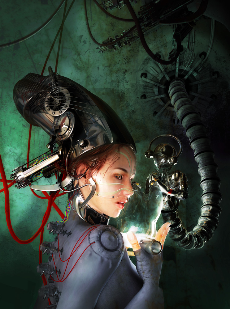 This illustration is drawn from a series of images relating a presentation of a 3D animation project that my company is realizing as self promotion.
The girl is one of the main characters, a robot with the body being upgraded.
The character wears, in different moment of the story, many different types of metallic masks.
At the moment she just chose one and is solding it on her face.
The design comes from my illustration and a 3D model used subsequently for the poster and the animation in the 2004-2005 editions of the "Virtuality Conference, now" View Conference ".
To make this image I did use Maya to model it and Photoshop to mount the different rendered levels.. 3D. In People, Character. Nimhoa, computer generated by Daniele Scerra. Image #196986