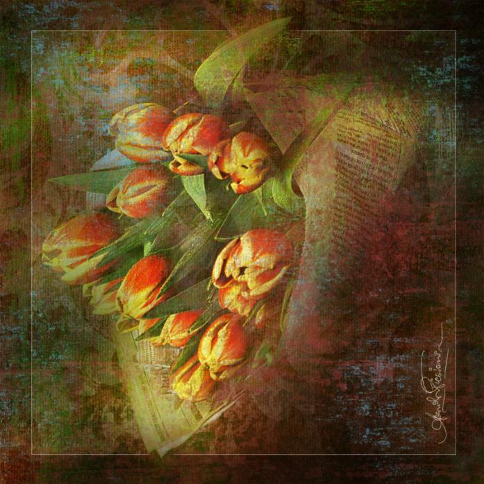 The News With Tulips, processing by Danilo Piccioni. Camera + Flat Bed Scanner + Photoshop. Collage of images in Photoshop. In Object, Still life