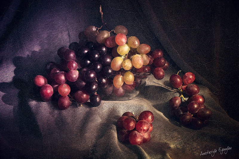 Grape, photography by Anastasiya Egonyan. This Still Life photograph was done by the light painting technique and later edited in the Photoshop CS5 with adding of some "old paper" layers to make it look as an old painting.. Nikon D50. Light Painting. In Object, Still life