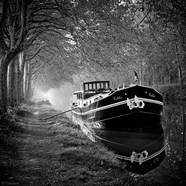 Escale / Port Of Call, photography by Ossiane. Quelque part, le long du Canal du Midi ...

brume de l&rsquo;aube
un chemin de traverse
sous la grande arche 

misty dawn
a side path
under the great arch


. In Transportation, Water, boat