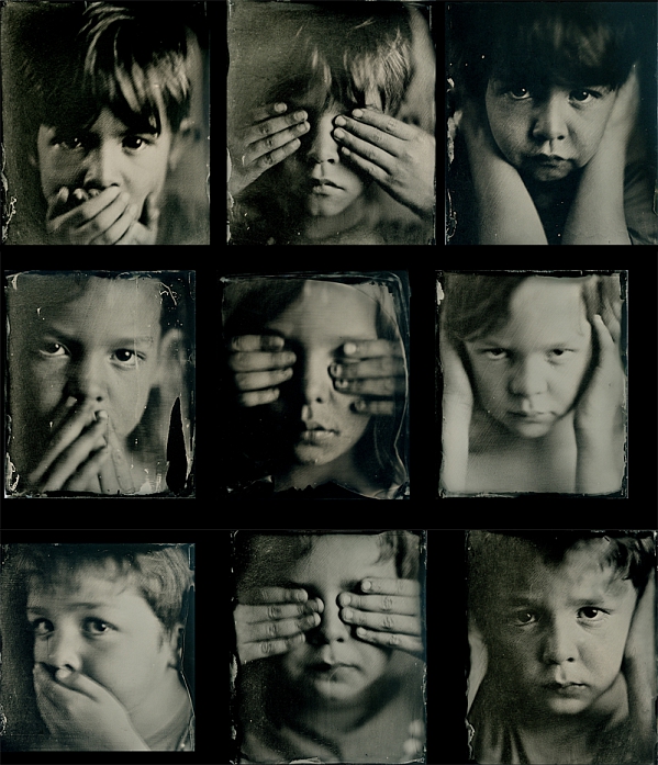 No Evil (Triple Triptych), photography by Jacqueline Roberts. 1870s wood camera by E.Faller - Hermagis Portrait Lens. Wet Plate Collodion and patience.... In People, Infant, children