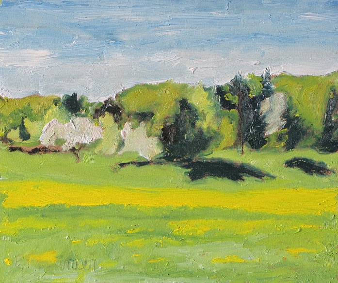 Fran&ccedil;ois Fournier Canadian Impressionist 
http://francoisfournier.fineartstudioonline.com/

This painting depicts a field during spring season while the dandelions are in and the apple trees are blooming. This is taking place in Sawyerville, in the Eastern-Townships of Quebec, Canada.

Nature varies itself relentlessly. It is this contact with a persistently changing environment that inspires his creations. By observing the constantly shifting seasons, days, hours, or moods, Fran&ccedil;ois Fournier interprets the same area differently every time he returns to it. Each time he revisits a location, nature has renewed itself because light and atmosphere may have changed various physical features and modified curves, colours and textures. The work shown is a 10" x 12" original oil painting executed on a masonite panel. Fournier is a graduate of Bishop&rsquo;s University with a Bachelor of Studio Fine Art degree. His work is shown in a number of galleries throughout the Eastern Townships of Quebec and a variety of art shows and exhibitions. His work is also part of private and public collections such as the Loto-Quebec Collection.

Please Note: Paintings are shipped free to any destination.. oil paintig on panel. oil paintig on panel. The Yellow Season, image by Francois Fournier. Image #394365