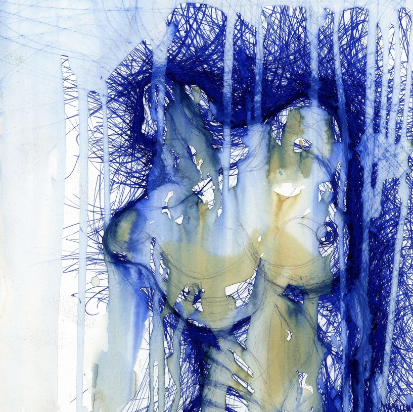 Blue Mood, drawing by Alexandru Crisan. &copy; Alexandru Crisan 2011. ink on paper. mixed media. 20x20cm.. In People, Nude, Female. Blue Mood, drawing by Alexandru Crisan. Image #335063