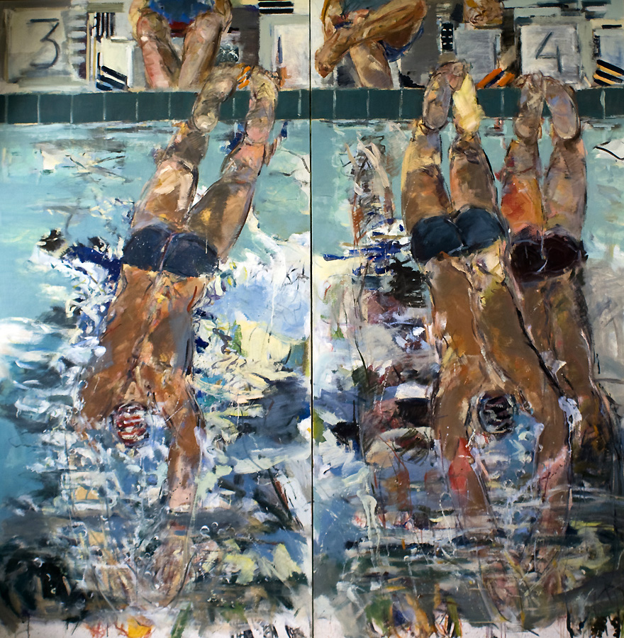 Les Plongeurs, painting by Fr&eacute;d&eacute;ric Faye. Les plongeurs - Huile sur toile 200 x  200 cm .2002- 2005. peinture. Huile. In People, Miscellaneous, Male. Les Plongeurs, painting by Fr&eacute;d&eacute;ric Faye. Image #299191