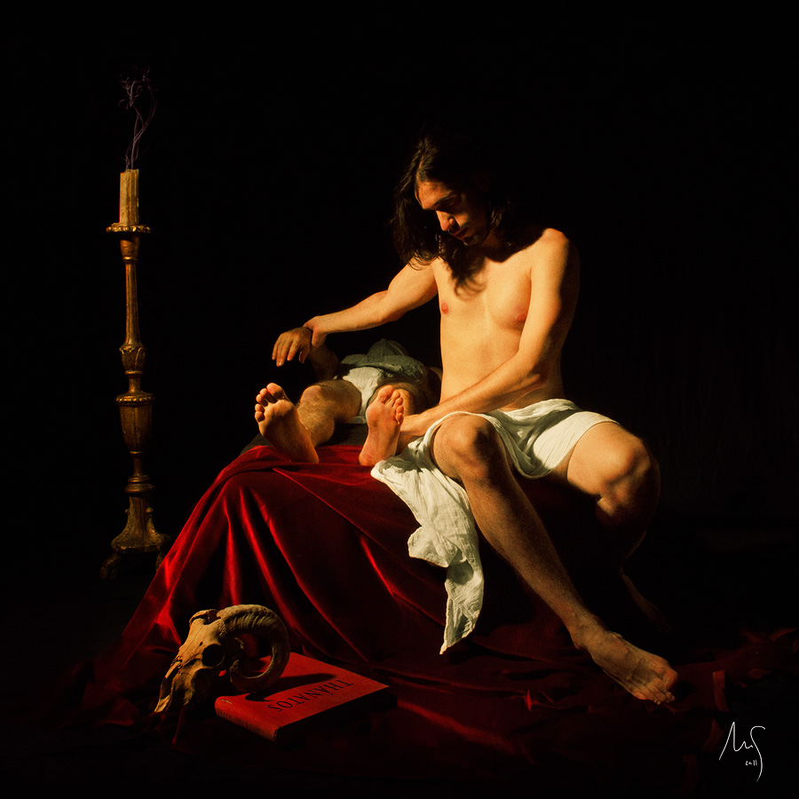 From my academic series honoring the great Caravaggio.. Nikon D300s - 6W warm continuous light. Chiaroscuro. In People, Nude, Male. Thánatos, photography by Aurelio Monge. Image #323869