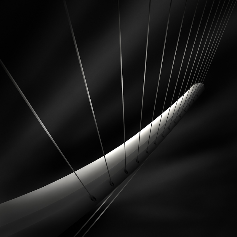 - International Photography Awards IPA 2012 - Honorable Mention -

The fourth image in my &ldquo;Harp&rdquo;  bridge series presenting the Katehaki Pedestrian Bridge in Athens,by Santiago Calatrava. It will most probably  be followed by another one that will wrap up the series (for now, at least).
It was yet another interesting image to process. I guess I'm enjoying at least as much the things I discover about myself while processing an image, as I'm enjoying the processing itself.
Like all the other photographs  in this series, this image was not exactly easy to process. And not  because of the technical difficulties  of the processing itself. But because of the way I was dealing with my idea, with my vision  about it. From the beginning I had a great sky. Long streaks of clouds converging to the pylon, good contrast in the sky, what more could I have wished for?  I was sure that the processing  would go like a breeze. Well,  I had a big surprise, it turned out to be not that easy. When I actually approached the image and started processing it, I realized that there was constantly something not working in the sky, something that I couldn't put my finger on and  tell what it was. I was  struggling with it for a few days, while I couldn't get what I  had in mind and had to do and redo and undo and redo again umpteen  times (I think I've done at least 10 versions of the sky, all different, till I found what I was looking for) ...and while I realized that the problem wasn't the photo but me, the problem was that I was not fully letting my idea take control. I was letting too much the image that came out of the camera lead me. With the result that I was turning around in circles, and getting away from my vision instead of  getting closer to it. Then, when I realized that I wasn't owing anything to that image  the camera gave me, I was able to  at last set my mind free and let my idea come out and there I was,  finally managing to create what I was feeling inside me that I have to create. 
But this process was quite energy consuming so, after getting my sky right, I was just emptied of energy and had to put a distance between me and my image and take a deep breath till I could get back to it. So I left it aside to ripe. I was watching it from time to time to see how I feel about it and if there's enough distance already, I was working at different other things in the meanwhile (happily I had tons of other things to do, like  for instance my interview for Matthias Haltenhof that you can find here
 https://plus.google.com/u/0/117455365995643899222/posts/TyxJ11TRD28 ),
  having it though in my mind in the background all this time, but still needing to be away from it, till at some point when, out of the sudden, I just had to get back to it and finish it. Just like that. I was ready for it and it was ready for me. And there it is the result, right here in front of your eyes!
 Funny how these things sometimes have a life of their own...  and you can't but consider it, otherwise there's no real connection and they won't let you draw a line...  :) 

So this was my creative process and my creative struggle with  reality. What I learned? That I have to trust myself more than I  trust what I see, if I want to create things that please me. And that you can't force inspiration to come (well, that I knew already, but it was yet another sweet reminder :).. Nikon D7000. Long Exposure. Like A Harp's Strings IV - Radiating, image by Julia Anna Gospodarou. Image #392869