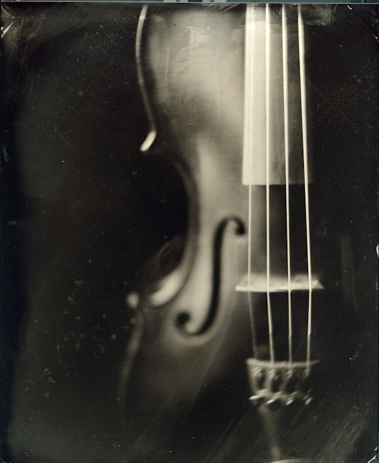 8x10in tintype for my beloved friend and life savior at time Sarah. 8x10 view camera. collodion. In Object, Instrument. Strings, photography by Sonia Macak. Image #402979
