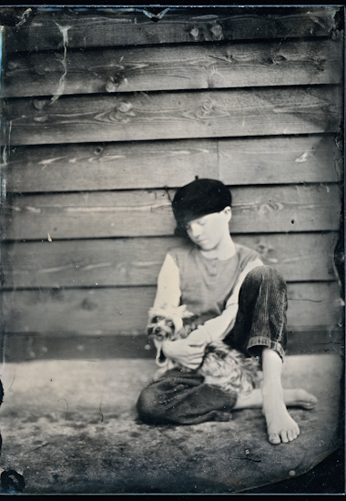 5x7in ambrotype of our yorkie Maia and our son Kim. 5x7in travel view camera. collodion. In People, Infant, children, Boy. Kim And Maia, photography by Sonia Macak. Image #411681