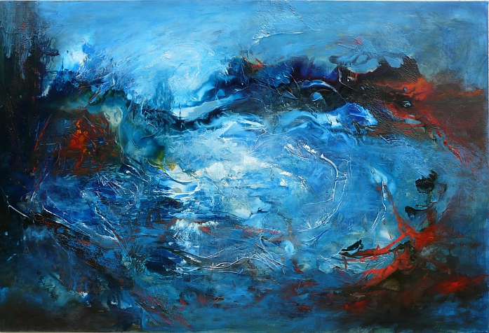 Peinture, Imagination, Abstrait, Rythme. Peinture Acrylique et mortier sur toile de 120 x 80 cm. peinture acrylique sur mortier. In Nature, Sky. Rapsodie En Bleu & Rouge, painting by Dalia Fijalkow. Image #407364