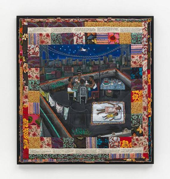 Preview thumbnail for artwork Faith Ringgold, Woman on a Bridge #1 of 5: Tar Beach, 1988. Acrylic paint, canvas, printed fabric, ink, and thread. 74 5/8 x 68 1/2 inches (189.5 x 174 cm). Solomon R. Guggenheim Museum, New York Gift, Mr. and Mrs. Gus and Judith Leiber, 1988 88.3620. © 2024 Faith Ringgold / Artists Rights Society (ARS), New York, Courtesy ACA Galleries, New York. Photo: Ariel Ione Williams © Solomon R. Guggenheim Foundation, New York