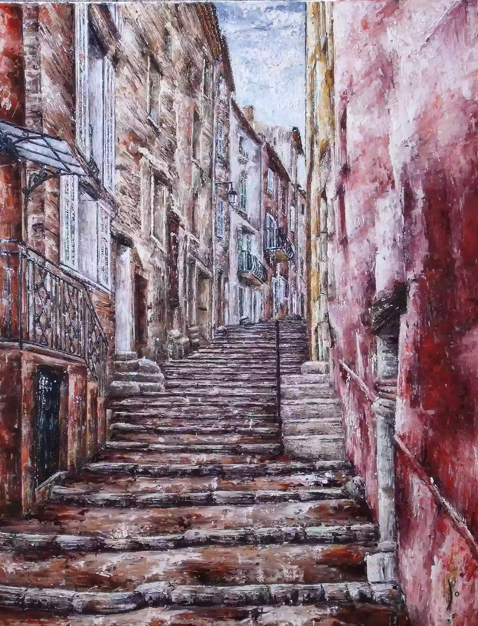 Ancienne Peinture Château Village sur Papier Signé AT (L43