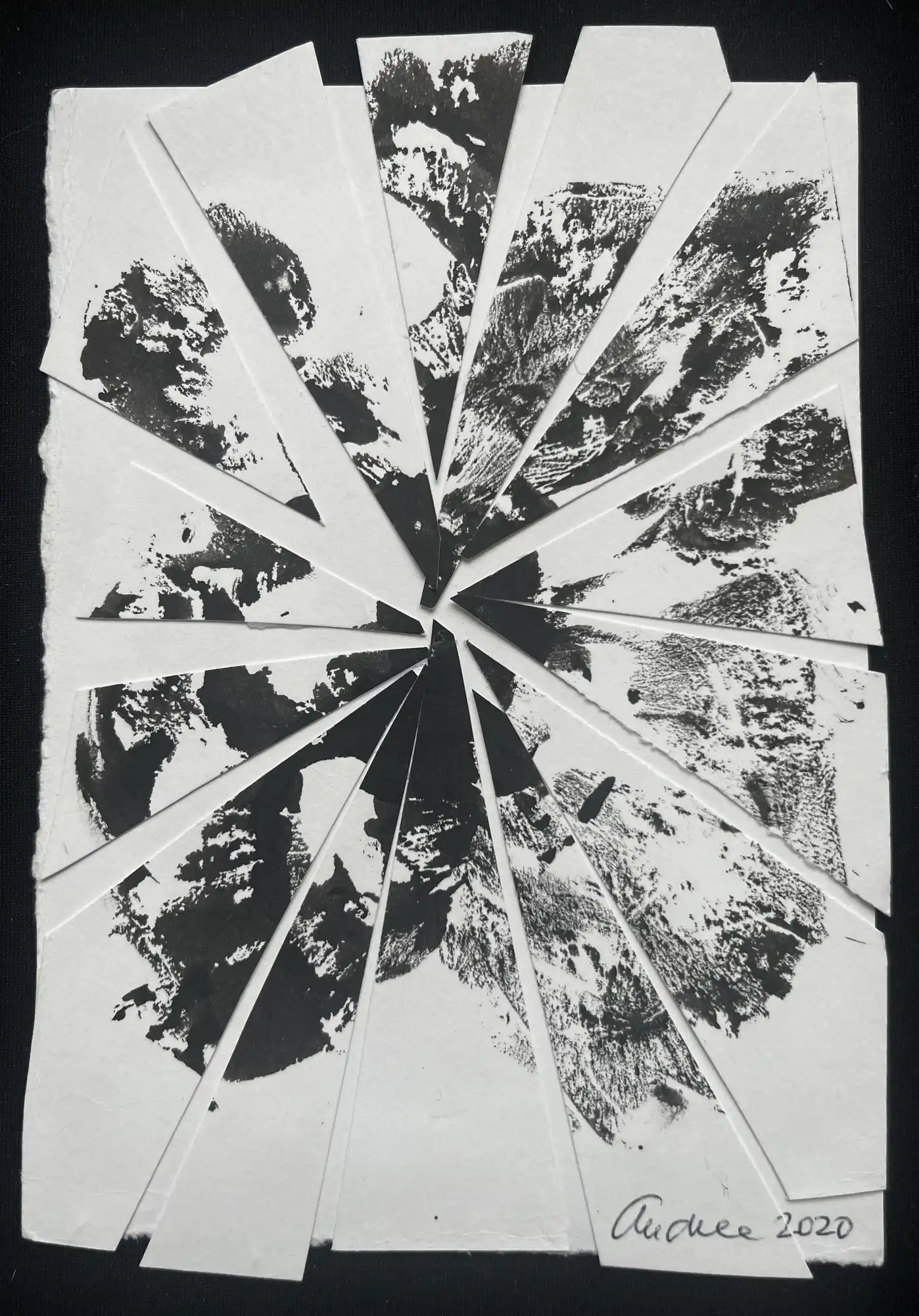 Triangle Harmony is a creation by the artist Andrea Heretikova Marsalova. Category Other, Geometric, Abstract, Fantasy, Painting, Mixed media. paper, ink, brush, piece of cloth, scissors, glue. mixed media, black ink painting and imprints, collage from a cut…